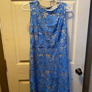 Beige by eci blue lace sheath dress